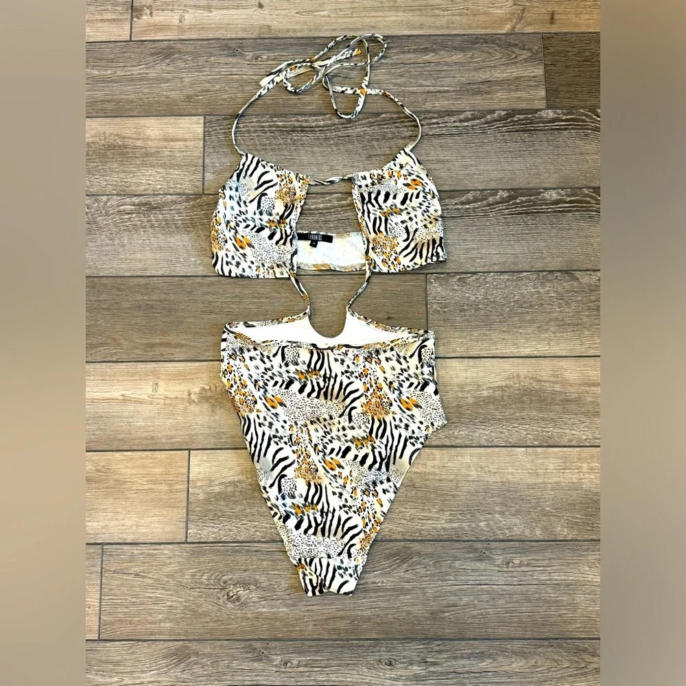 NWT Women One-piece Swimsuit Bodysuit Bikini Monokini Open Back Leopard Print - Picture 2 of 7